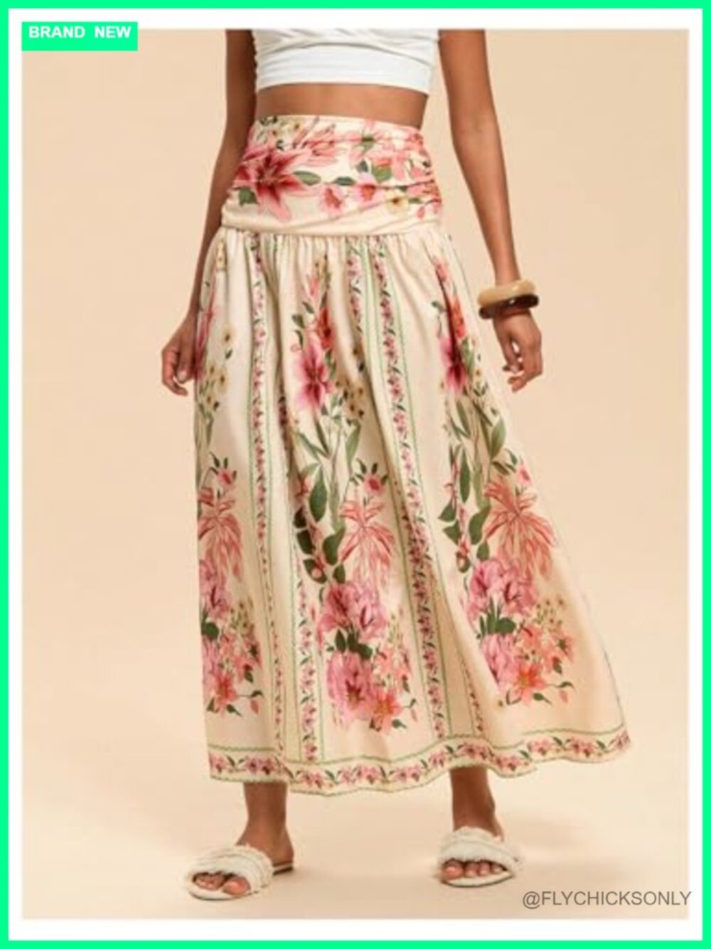 Boho Floral Print High Waisted A Line Maxi Skirt Shirred Flowy - Picture 5 of 6